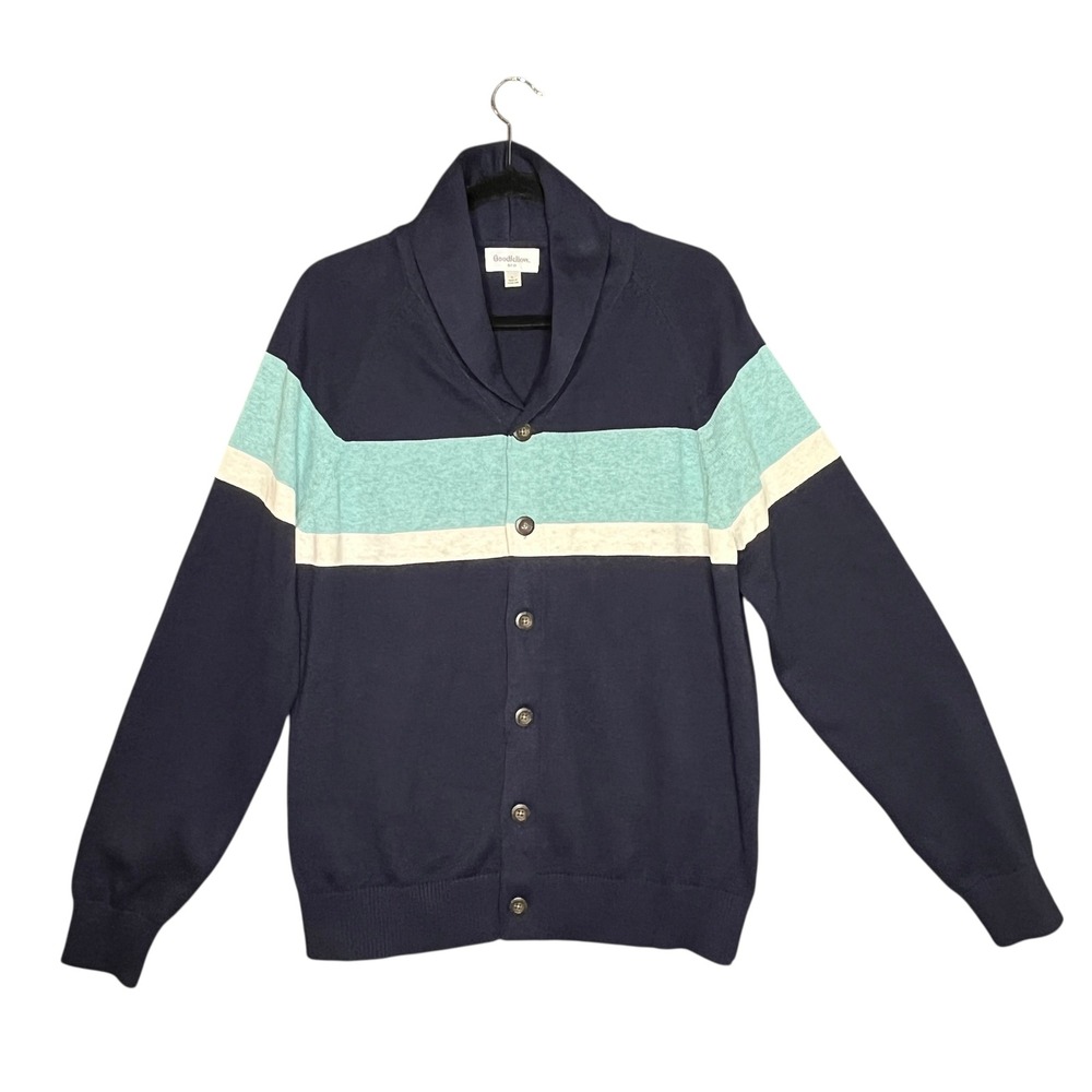 Goodfellow Mens Shawl Collar Cardigan Navy Blue Stripe Size L Academia Old Money